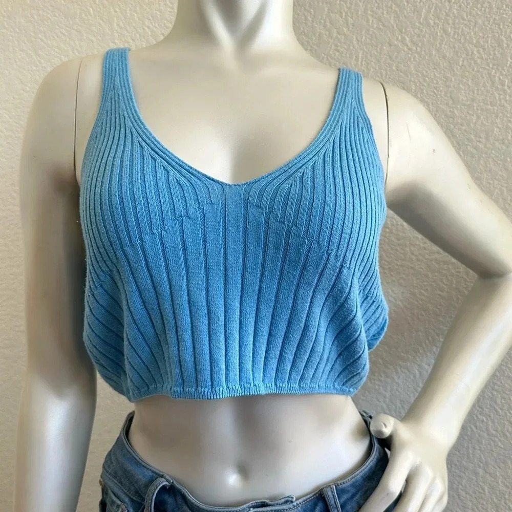 Intimately by Free People Top Womens  Blue Ribbed Halter Cropped Cami Tank Top